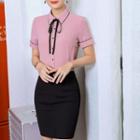 Short-sleeve Ribbon Buttoned Shirt / Pencil Skirt / Dress Pants