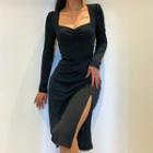 Square Neck Long Sleeve Ruched Dress