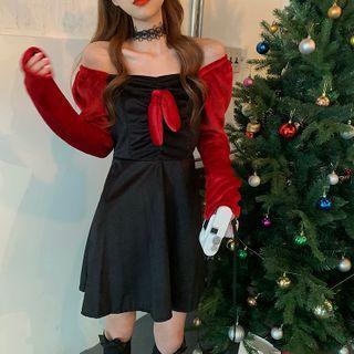 Long-sleeve Two Tone A-line Dress Red & Black - One Size