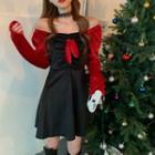 Long-sleeve Two Tone A-line Dress Red & Black - One Size
