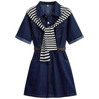 Set: Short-sleeve Denim Mini A-line Shirt Dress + Scarf