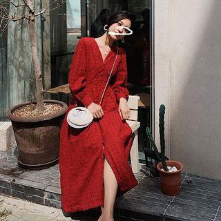 V-neck Eyelet A-line Midi Dress