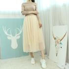 Set: Sleeveless Tulle Dress + Off-shoulder Knit Top