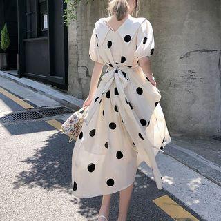 Polka Dot Drawstring Back Chiffon Dress