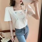 Short-sleeve Butterfly Print Square-neck Blouse