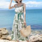 Spaghetti Strap Leaf Print Wide-leg Jumpsuit