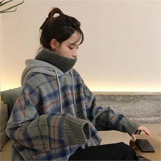 Turtle-neck Hooded Plaid Top