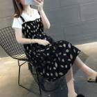 Set: Short-sleeve T-shirt + Leaf Print Spaghetti-strap Midi Dress