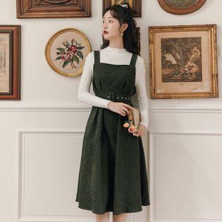 Long-sleeve Mock-neck Top / Midi A-line Overall Dress / Set