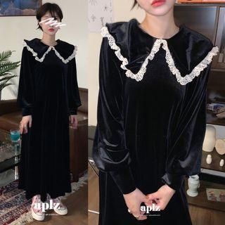 Long-sleeve Lace-trim Collared Dress Black - One Size