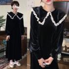 Long-sleeve Lace-trim Collared Dress Black - One Size
