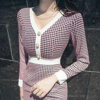 Houndstooth Long-sleeve Faux Pearl Dress