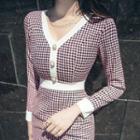 Houndstooth Long-sleeve Faux Pearl Dress