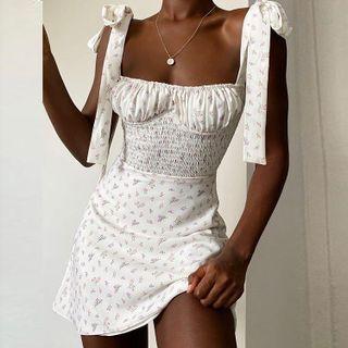 Tie-shoulder Ruched Floral Dress