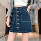 High-waist Button Denim Mini A-line Skirt