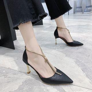 Pointed Kitten-heel Zip Sandals