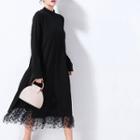 Mesh Panel Long-sleeve Midi Dress Black - One Size