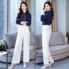 Set: Long-sleeve Bow-accent Blouse + Wide Leg Pants