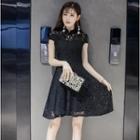 Cap-sleeve Mandarin Collar A-line Lace Dress