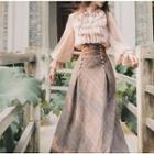 Ruffle Mock-neck Blouse / Plaid High-waist Maxi A-line Skirt / Set