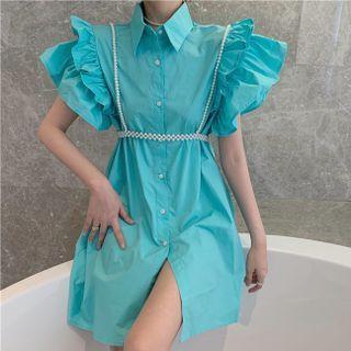 Short-sleeve Ruffle Trim Mini Shirtdress / Bead Belt