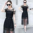 Set: Lace Panel Cut Out Shoulder Short Sleeve Dress + Beaded Mesh Skirt