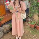 Short-sleeve Puff-sleeve V-neck Plain Dress Pink - One Size