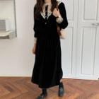 Lace Panel Long-sleeve Midi A-line Velvet Dress Black - One Size