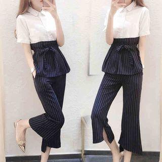 Set: Striped Panel Shirt + Cropped Pants