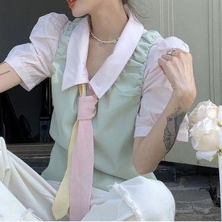 Puff-sleeve Blouse / Shirred Vest / Necktie