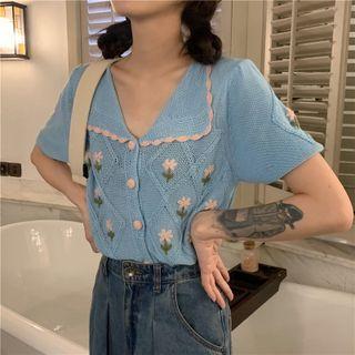 Short-sleeve Collared Embroidered Cropped Cardigan