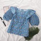 Short-sleeve Floral Print Blouse Blue - One Size