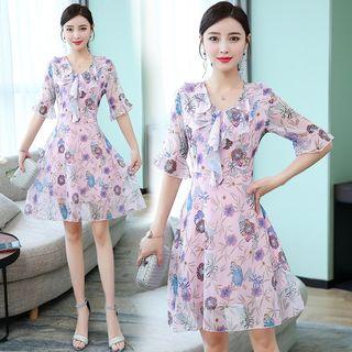 Elbow-sleeve Printed Ruffle-trim A-line Dress