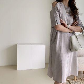 Mandarin-collar Hemp Blend Shirtdress