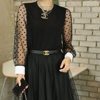 Contrast-cuff Dotted Tulle-sleeve Top
