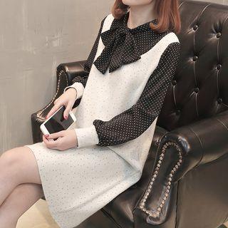 Mock Two-piece Bow Accent Long-sleeve Dress