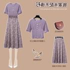Set: Short-sleeve Textured Top + Floral Print A-line Midi Skirt