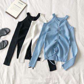 Drawstring Cold Shoulder Long-sleeve Knit Top
