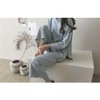 Set: Cuff-sleeve Slit-side Top + Band-waist Wide-leg Pants