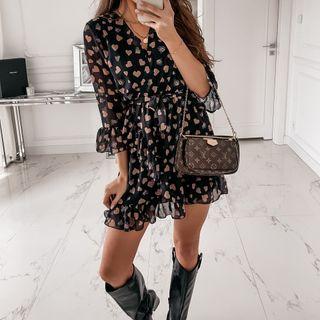 Heart Print V-neck Short Sleeve A-line Mini Dress