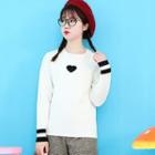 Contrast-stripe Heart-pattern Sweater