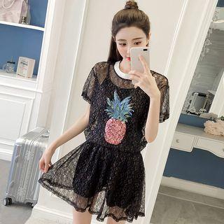 Set: Pineapple Sequined Short Sleeve Lace T-shirt + Flared Skort