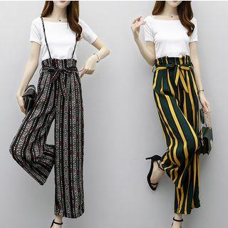 Set: Plain Short Sleeve T-shirt + Patterned Suspender Wide Leg Pants