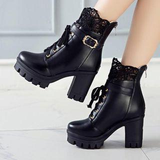 Lace Paneled Lace-up Platform High Heel Short Boots