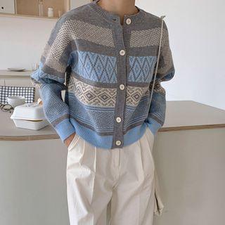 Round-neck Color-block Patterned Cardigan