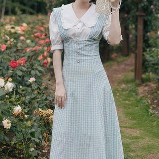 Set: Short-sleeve Blouse + Sleeveless Plaid Dress