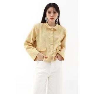 Collared Fringed Flap-pocket Cardigan Yellow - One Size