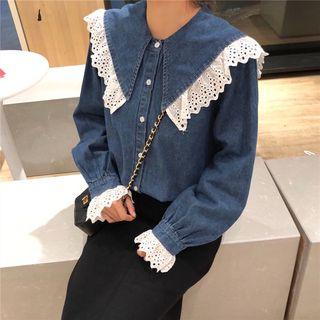 Lace Trim Collared Denim Shirt