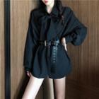 Bow-accent Lantern-sleeve Blouse With Belt Black - One Size