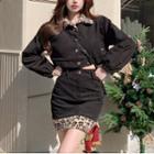 Leopard Print Collar Button-up Crop Top / High Waist A-line Skirt